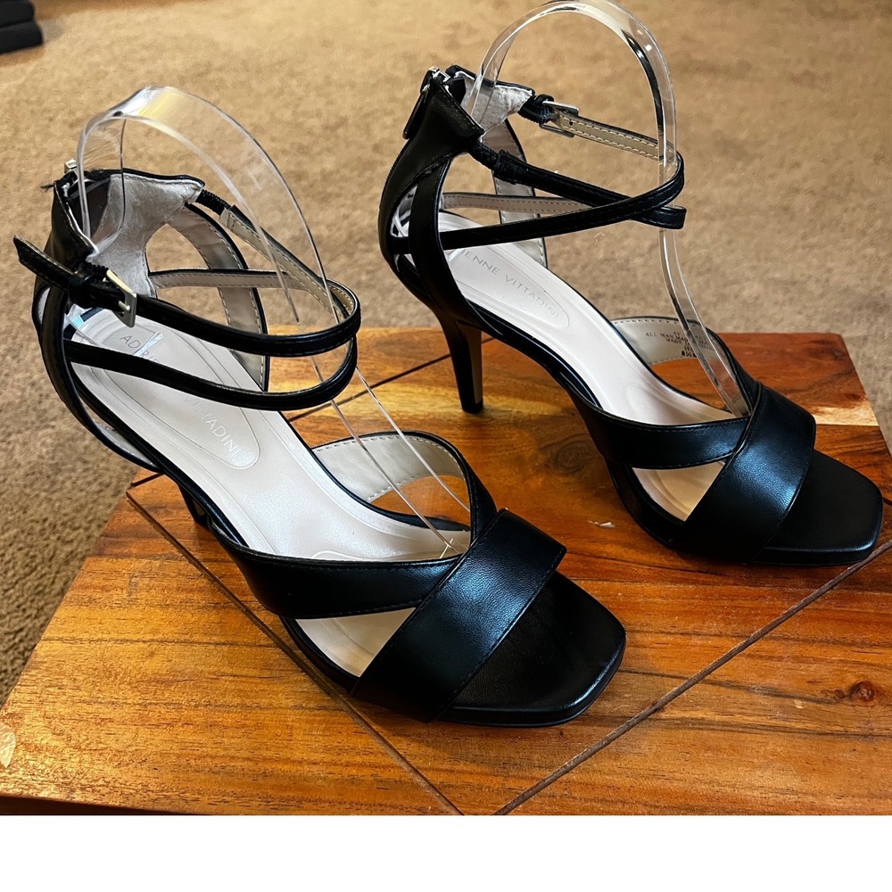 Adrienne Vittadini AV-XALT Black Strappy Stiletto Sandals Women 8.5 M Square Toe